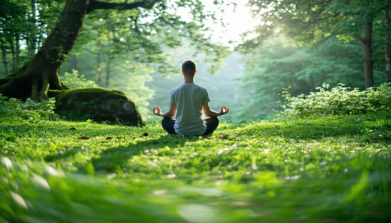 Person meditating in nature, symbolising transcendence and peace.